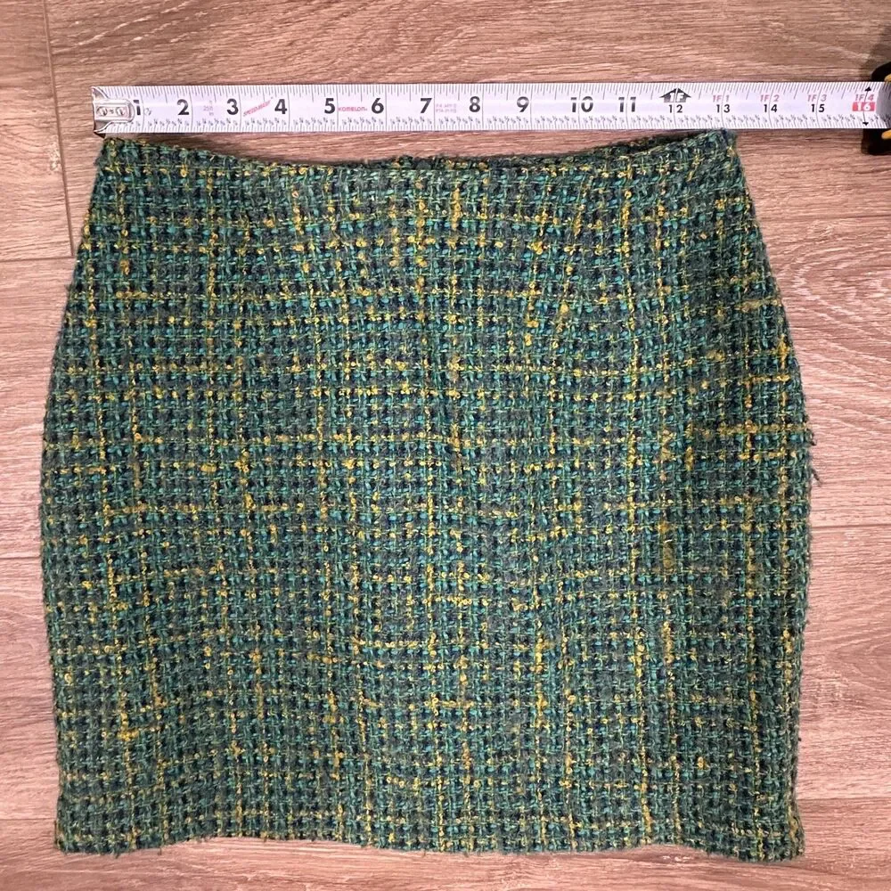 Vintage 90s Esprit Green Yellow Tweed Blazer Mini Skirt Suit Set Size 5/6 Small